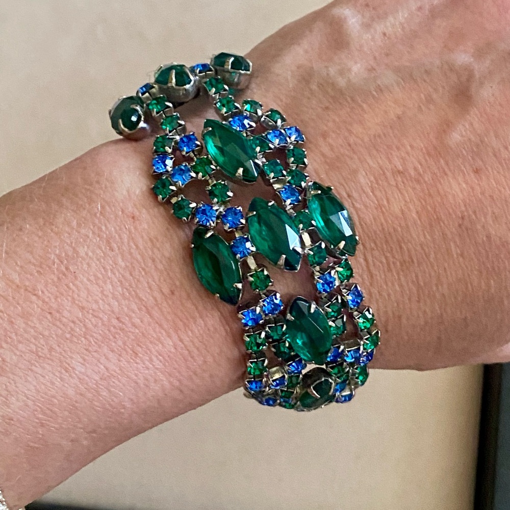 Vintage 1960’s Blue & Green Rhinestone Bracelet